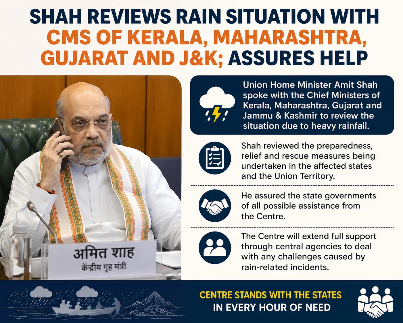 Shah Reviews Rain Situation With CMs of Kerala, Maharashtra, Gujarat and J&K; Assures All Possible Help