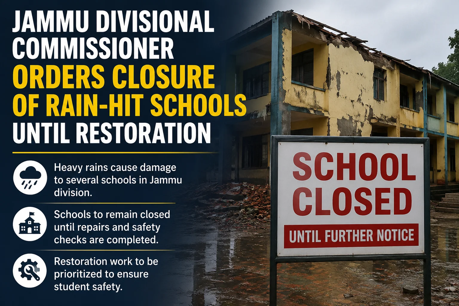 Jammu Divisional Commissioner Orders Closure of Rain-Hit Schools Until Restoration