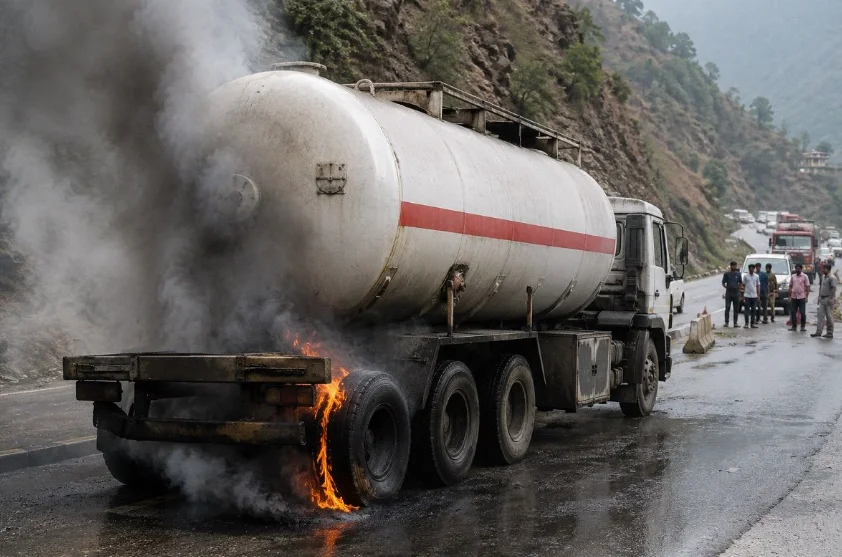LPG tanker's tyre catches fire on highway in Ramban; no casualties
