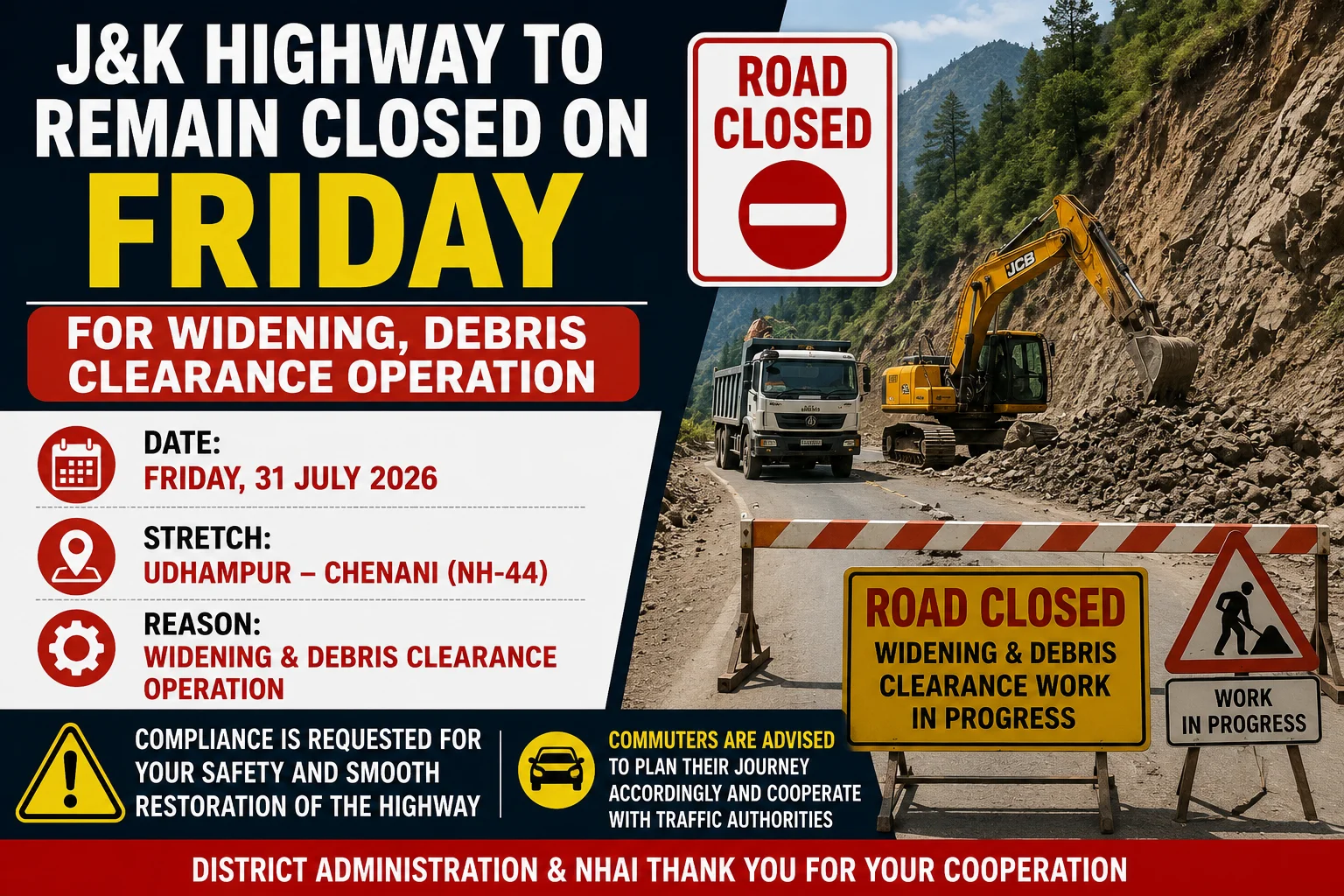 J&K highway to remain closed on Friday for widening, debris clearance operation