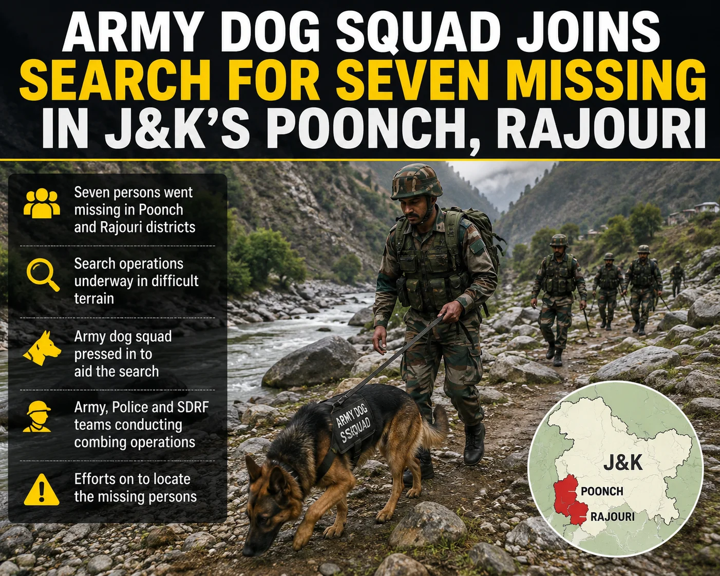 Army Dog Squad Joins Search for Seven Missing in J&K’s Poonch, Rajouri